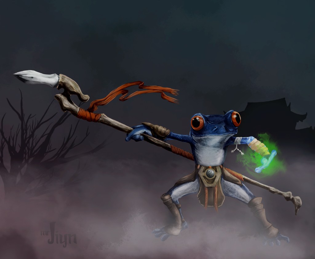 Illustration: frog in martial arts stance holding spear that looks like a pen
