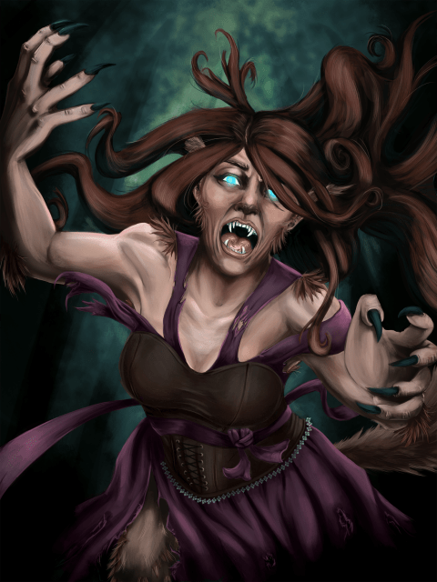 Commissioned illustration of woman transforming into werewolf