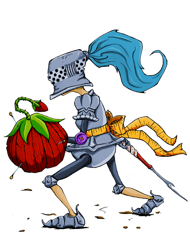 Drawing: Knight wearing armor made to look like sewing notions