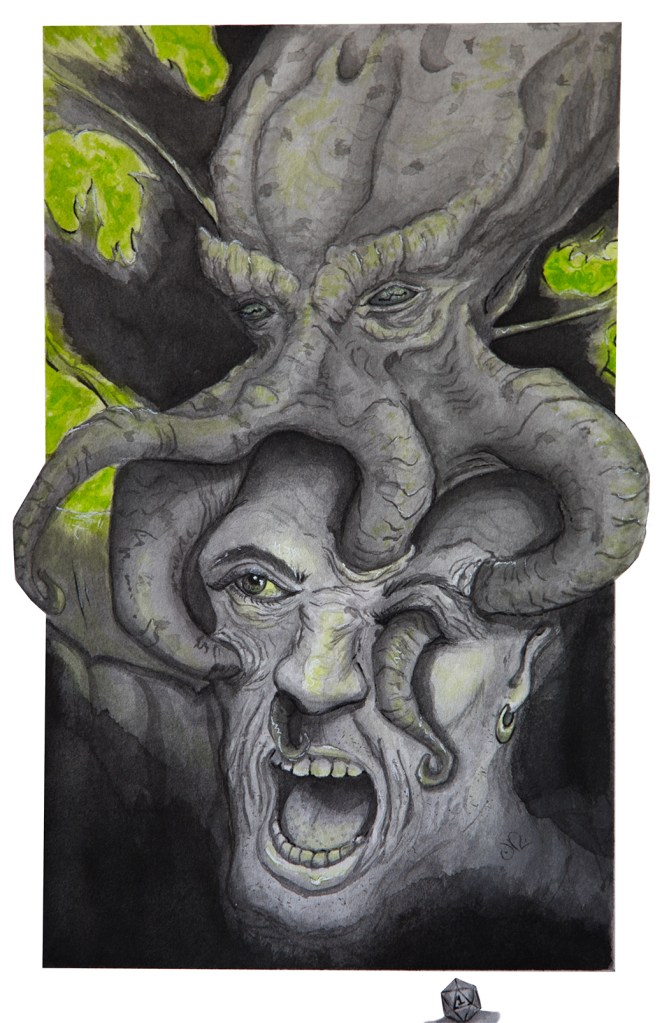 Illustration: Mindflayer eating the brains of a young adventurer named Bernard the Brave