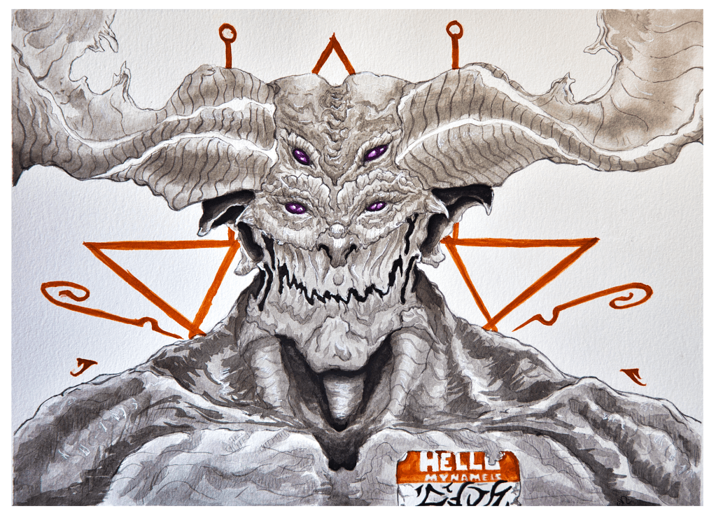 Demon wearing a "hello my name is" name tag ink drawing